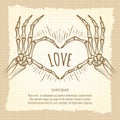 Skeleton hands love sign vintage backdrop