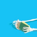 Skeleton hands wash the dishes. Light blue background. Copy space. Minimal funny concept