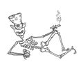 Skeleton in a hat with a cigar and a drink. Halloween symbols. Hand drawn sketch vector line.