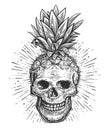 Human skull with leaves. Skeleton head sketch. Hand drawn creative vector illustration