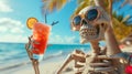 A skeleton holding a drink on the beach with palm trees in background, AI