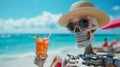 A skeleton holding a drink on the beach with people in background, AI