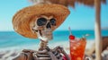 A skeleton holding a drink on the beach with sunglasses, AI