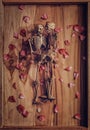 Skeleton holding hand for eternal love. Selective focus on hand