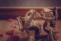 Skeleton holding hand for eternal love. Selective focus on hand Royalty Free Stock Photo