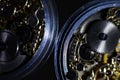 Skeleton hours. Antique antique clockwork, jewelry engraving. mechanical pocket watch close-up, selective focus.