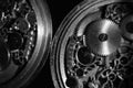 Skeleton hours. Antique antique clockwork, jewelry engraving. mechanical pocket watch close-up, selective focus.