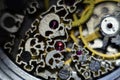 Skeleton hours. Antique antique clockwork, jewelry engraving. mechanical pocket watch close-up, selective focus.