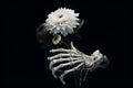 The skeleton of a human hand holds flowers on a black background Royalty Free Stock Photo