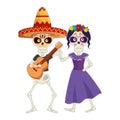 Skeleton of katrina and mariachi playing guitar characters