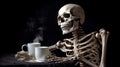The skeleton of a man drinking coffee on a dark background. Generative AI. Royalty Free Stock Photo