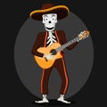 Skeleton of a man in a suit playing guitar. Day of the dead Mexico.