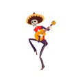 Skeleton in Mexican national costume playing guitar, Dia de Muertos, Day of the Dead vector Illustration on a white Royalty Free Stock Photo