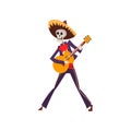 Skeleton in Mexican traditional costume dancing, singing, playing guitar, Dia de Muertos, Day of the Dead vector Royalty Free Stock Photo