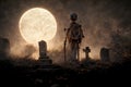 A skeleton moving through a misty graveyard in the evening. Spooky concept.Digital art Royalty Free Stock Photo