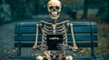 Skeleton sitting on bench using tablet with loading screen Royalty Free Stock Photo