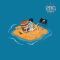 Skeleton of pirate in hat on a deserted island. Dead man with a barrel of rum in isometric style. Mobile game Royalty Free Stock Photo