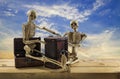 Skeleton pirate sitting on a treasure chest and old wood floor,blue sky background.