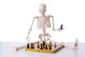 The skeleton playing chess game on white Royalty Free Stock Photo