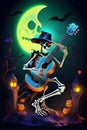 A skeleton playing guitar with the pumpkins and moonlit, printable, cartoonish, fantasy