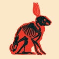 Skeleton of rabbit, bunny. Colorful cute screen printing effect. Riso print effect.