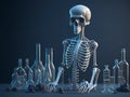 A skeleton sits in front of a bunch of bottles and a glass bottle