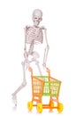 Skeleton with shopping cart trolley isolated