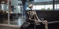 Skeleton sits in a chair in an airport waiting room, luggage stands next to it , concept of Undead traveler