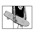 SKELETON SKATEBOARDER WITH SKATEBOARD IN RIGHT HAND BLACK WHITE