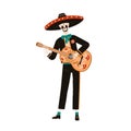 Skeleton in sombrero playing guitar for El Dia de los Muertos, Mexican Day of Dead. Mexico Mariachi character in hat at