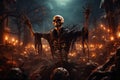 A skeleton stands centrally in dark graveyard, with its arms raised. The graveyard is filled with the eerie light of numerous