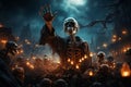 A skeleton stands centrally in dark graveyard, with its arms raised. The graveyard is filled with the eerie light of numerous