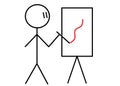 A skeleton stick man artist drawing painting a curved red line on a drawing board white backdrop