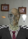 Skeleton in suit with dollars around neck