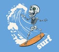 Skeleton surf on big wave cool summer t-shirt print. Skull bones ride surfboard. Surf slogan