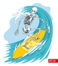 Skeleton surfer on the board ride the wave. Vector illustration