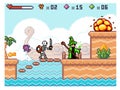 Pixel game interface. Skeleton with sword attacks the wizard. Character in costume works with magic