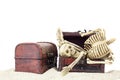 Skeleton in a treasure chest on pile sand isolated on white back