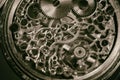 Skeleton of vintage handmade antique mechanical pocket watches, clockwork old mechanical watch, high resolution and detail, winter Royalty Free Stock Photo