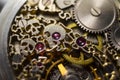 Skeleton of vintage handmade antique mechanical pocket watches, clockwork old mechanical watch, high resolution and detail, winter Royalty Free Stock Photo