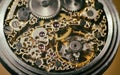 Skeleton of vintage handmade antique mechanical pocket watches, clockwork old mechanical watch, high resolution and detail, winter Royalty Free Stock Photo