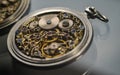 Skeleton of vintage handmade antique mechanical pocket watches, clockwork old mechanical watch, high resolution and detail, winter Royalty Free Stock Photo