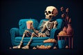 Skeleton watching movie in home theater. AI generate Royalty Free Stock Photo