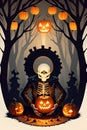 A skeleton wearing leather jacket with scary halloween pumpkins lantern in a dark forest, cartoon, white background, printable
