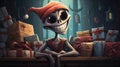 A skeleton wearing a santa hat sits on top of presents, AI