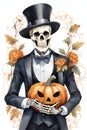 A skeleton wearing tuxedo with flowers and scary pumpkins, white background, printable, fantasy, watercolor
