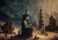 Skeleton witch with black castle on small hill and grave Halloween festival concept. AI Generative