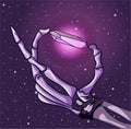 Skeleton zombie holding a glowing radioactive amethyst stone in his hands.