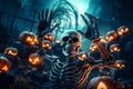 Skeleton zombie rising from a graveyard. Halloween pumpkins illuminated in a dark spooky cemetery at night. Generative AI Royalty Free Stock Photo