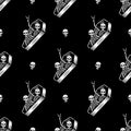 SKELETONS IN COFFIN PARTY SEAMLESS PATTERN BLACK Royalty Free Stock Photo